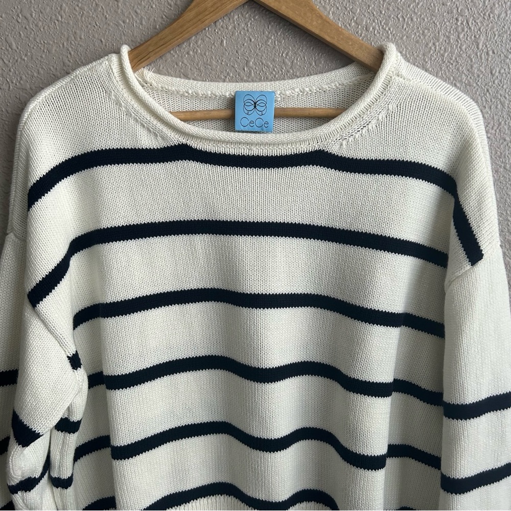 Cece Cream Navy Striped Oversized Pullover‎ Long Sleeve Cotton Crew Neck Sweater - Picture 3 of 7